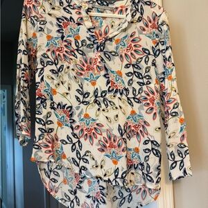 Daniel Rainn Blue and Orange Graphic Blouse with Notched Collar